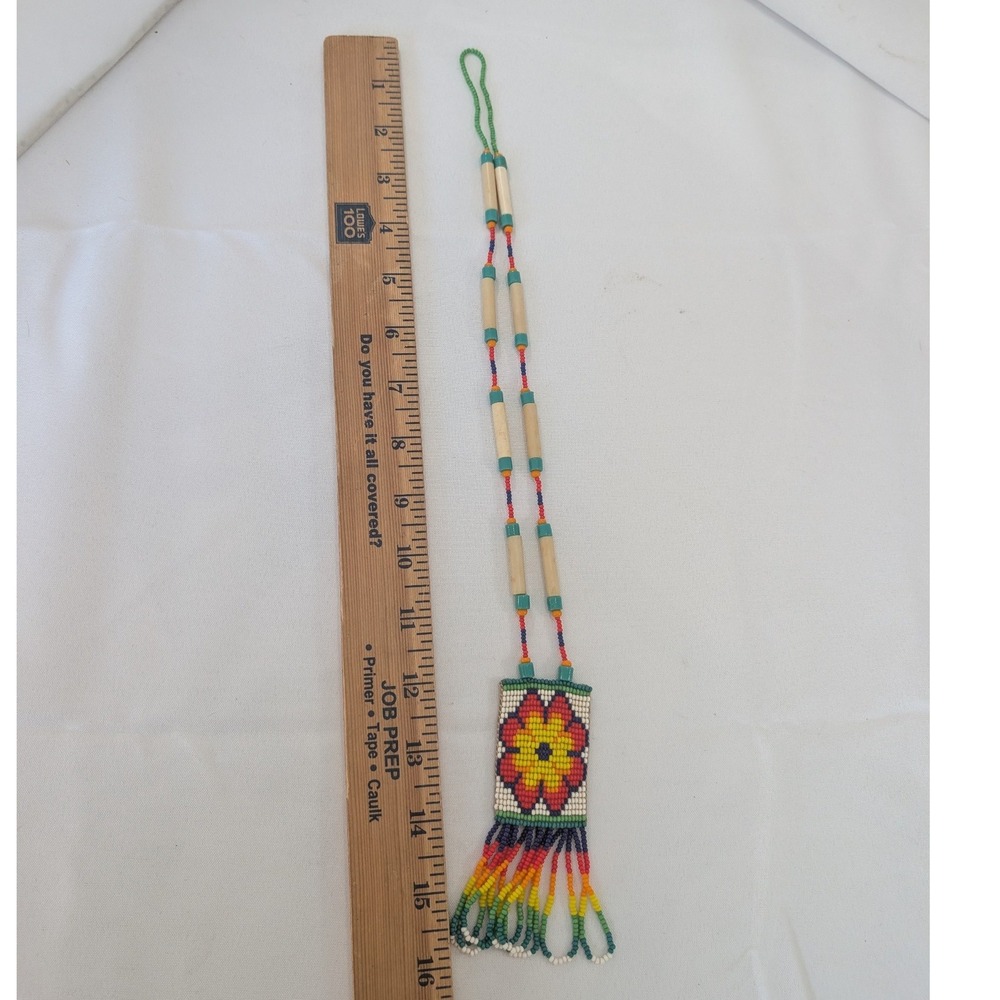 Vintage Beaded Floral Medallion Necklace Rainbow Seed Bead Boho Southwestern - Picture 3 of 5